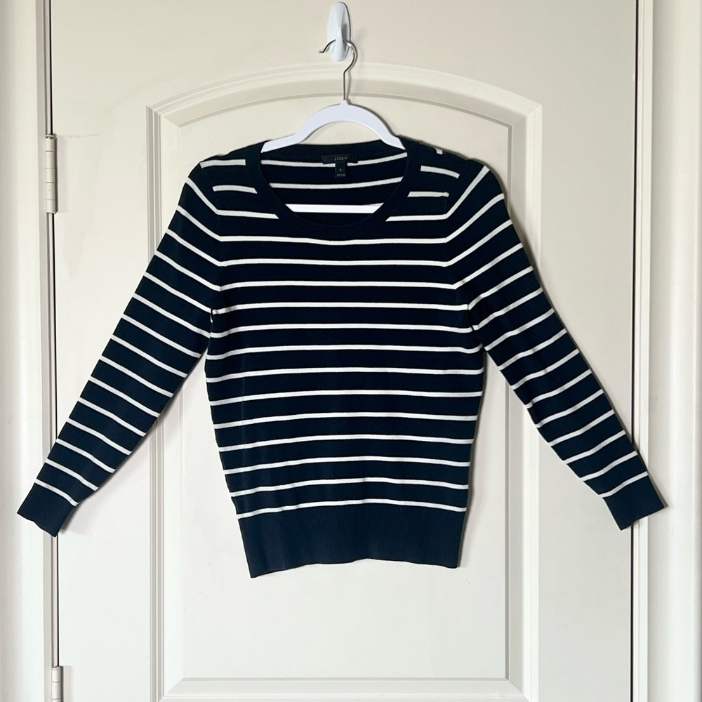J. Crew Striped Long Sleeve Sweater Small Navy Blue White Nautical Slim Fit